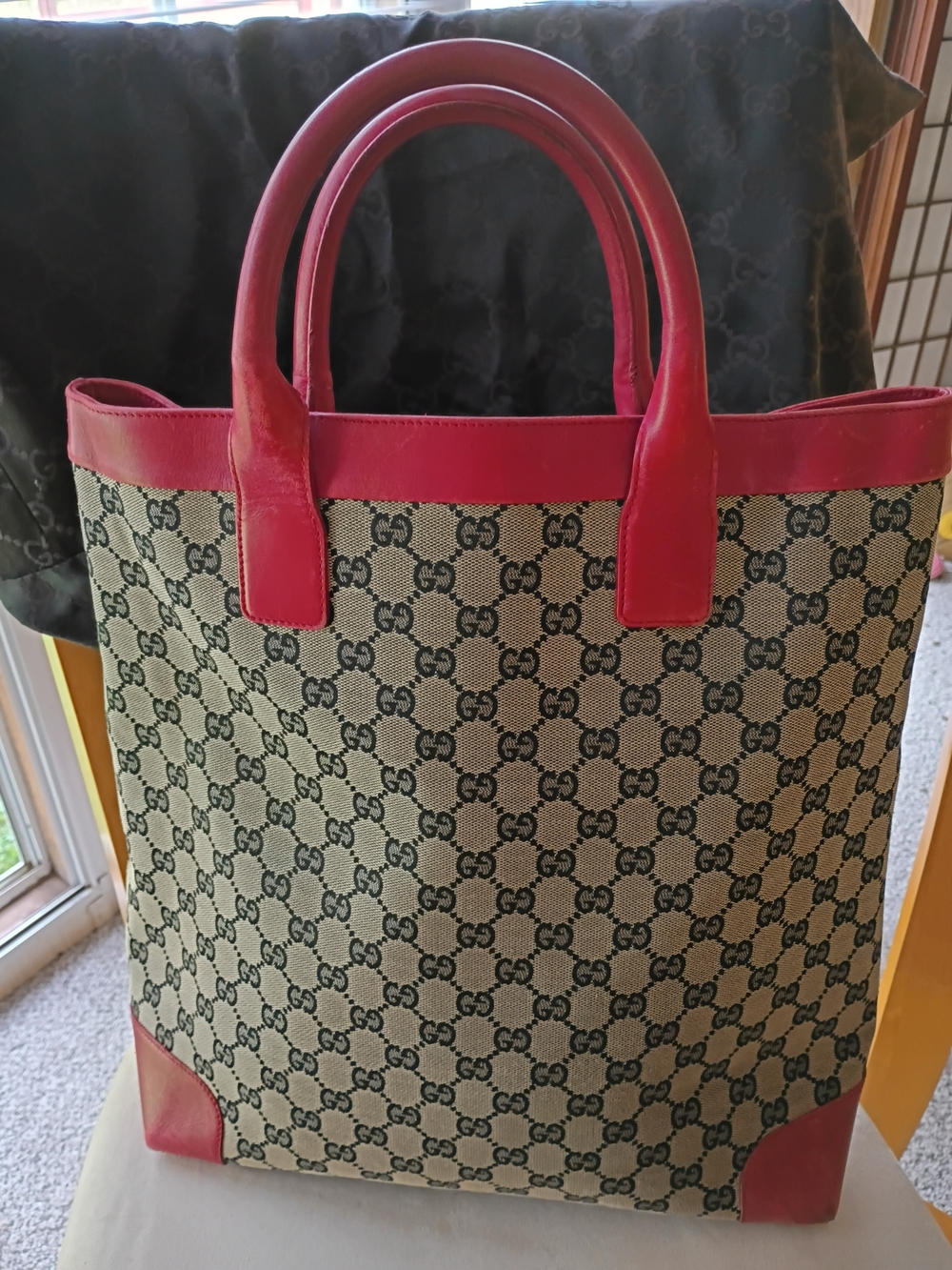 Red Trim Authentic Vintage Gucci GG Monogram Tote - Designer Canvas Handbag